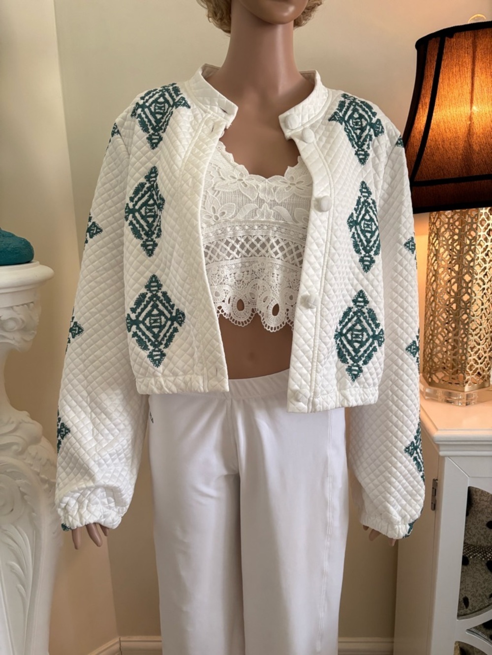 Quilted White Button-Front Jacket with Teal Diamond Motif - Picture 9 of 13